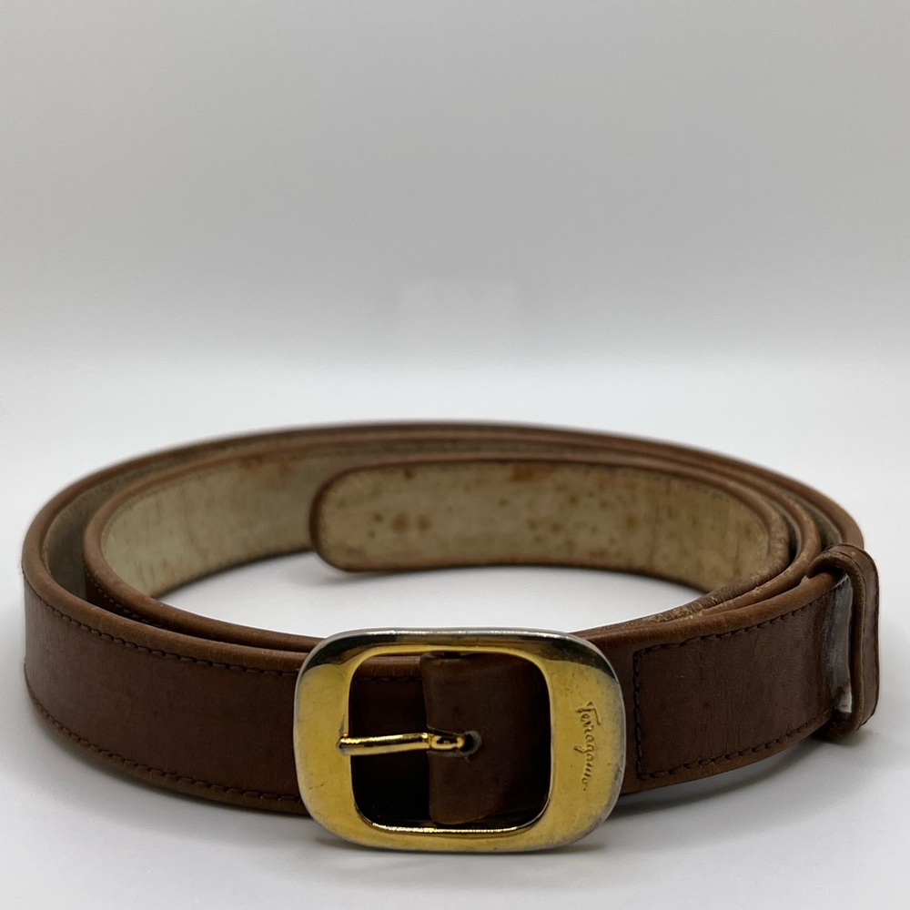 Vintage Authentic Ferragamo Brown Leather Belt with Stamped Logo Gold Buckle